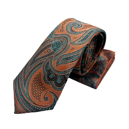 Set cravata slim cu batista Paisley CHRIS, Portocaliu Maro [1]