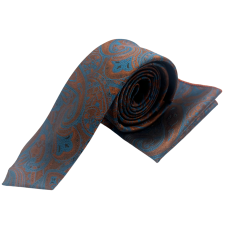 Set cravata slim cu batista Paisley STEVE, Maro Albastr [2]