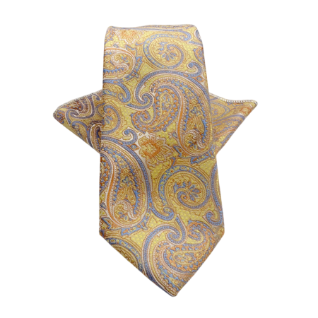 Cravate inguste - Set cravata slim cu batista Paisley CHARLIE, Galben Bleu