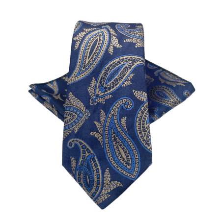 Cravate inguste - Set cravata slim cu batista Paisley CRAIG, Albastru/ bej
