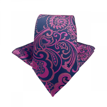 Cravate inguste - Set cravata slim cu batista Paisley FRANK, Fuchsia/ Bleumarin