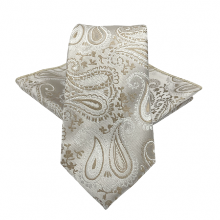 Cravate inguste - Set cravata slim cu batista Paisley DEXTER, Bej