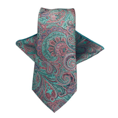 Cravate inguste - Set cravata slim cu batista Paisley DEXTER, Roz Verde menta