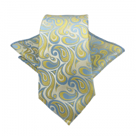 Cravate inguste - Set cravata slim cu batista Paisley STEVE, Galben/ Bleu