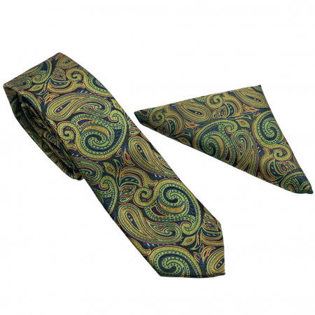 Set cravata cu batista de buzunar Paisley MARK, Verde Negru [4]