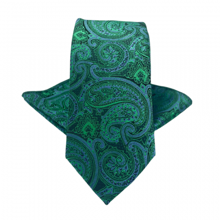 Cravate inguste - Set cravata slim cu batista Paisley PEACOCK, Verde paun