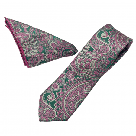Set cravata cu batista de buzunar Paisley RUDD, Roz/ Verde [3]