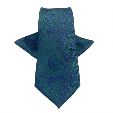 Cravate inguste - Set cravata slim cu batista Paisley TIMOTHY, Verde/ Albastru