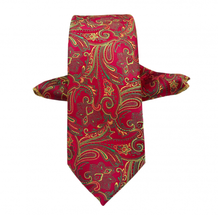 Cravate inguste - Set cravata slim cu batista Paisley TODD, Rosu/ Galben