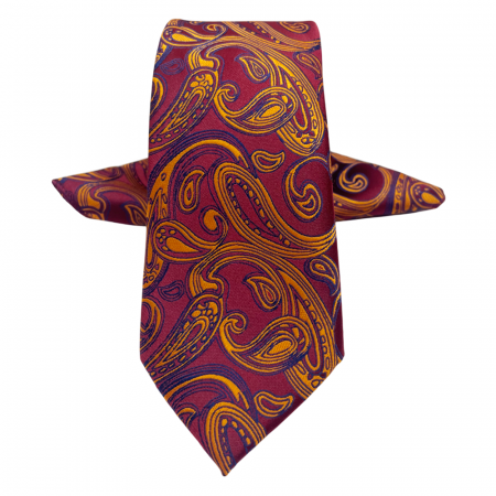 Cravate inguste - Set cravata slim cu batista Paisley TODD, Visiniu/ Galben