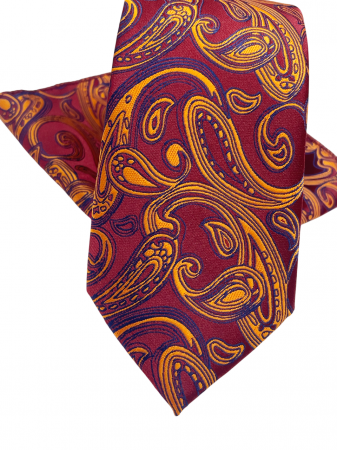 Set cravata slim cu batista Paisley TODD, Visiniu/ Galben [2]