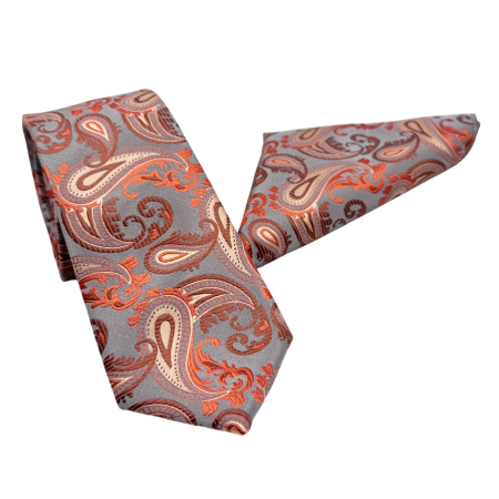 ACCESORII & BIJUTERII - Set cu cravata si batista CHRIS, Model Paisley, Gri/ Ruginiu