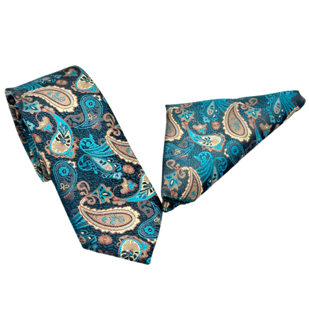 ACCESORII & BIJUTERII - Set cu cravata si batista CHRIS, Model Paisley, Turcoaz/ Maro