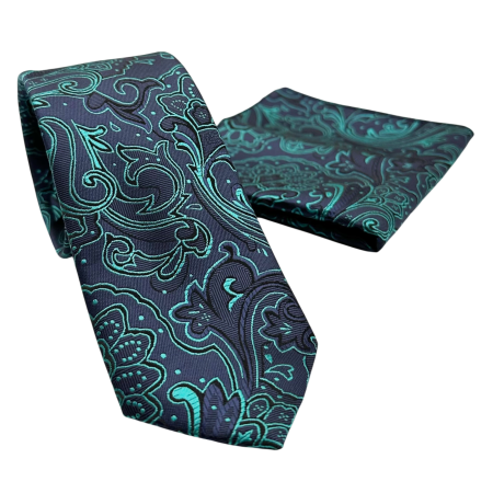 MODA & ACCESORII - Set Cravata si Batista bleumarin cu model turcoaz – VENEZIA