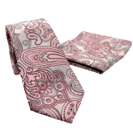 MODA & ACCESORII - Set Cravata si Batista cu model Paisley roz