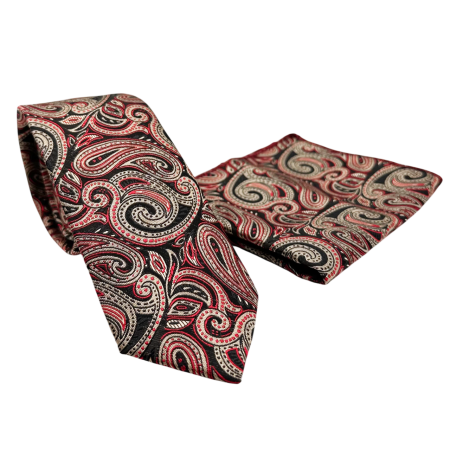 MODA & ACCESORII - Set Cravata si Batista Paisley rosu bej – VERONA