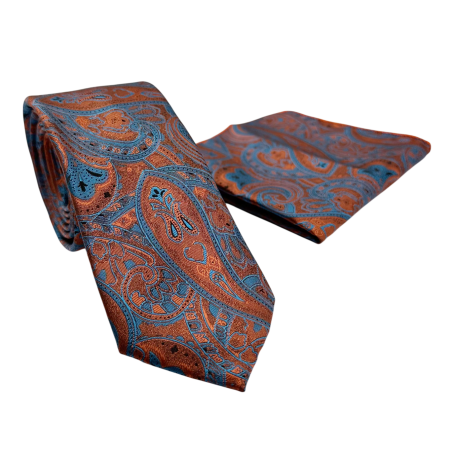 MODA & ACCESORII - Set Cravată și Batista Paisley Cupru & Albastru Regal