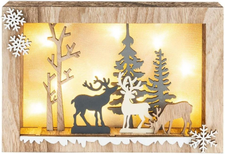 DECORATIUNI LUMINOASE - Tablou din Lemn cu LED – Scenă de Iarnă cu Reni