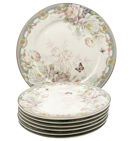 Vesela & Servicii De Masa - Set 6 Farfurii Desert & 1 Platou CLAUDETTE – Model Floral Vintage Deluxe