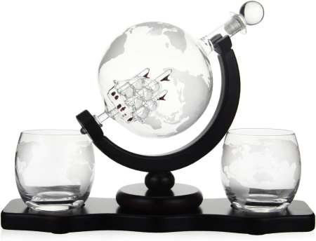Set Decantor Glob Pamantesc cu 2 Pahare si Suport din Lemn [1]