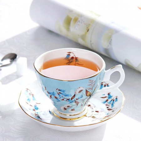 Set portelan fin, Ceasca si Farfurie LILLE - albastru cu pasari [2]