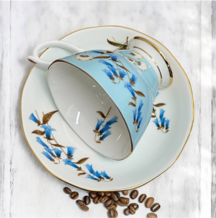 Set portelan fin, Ceasca si Farfurie LILLE - albastru cu pasari [1]