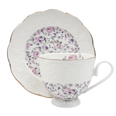 Set Portelan Vintage, 2 Cesti & Farfurioare cu flori roz, LEONIE, 220ml [1]