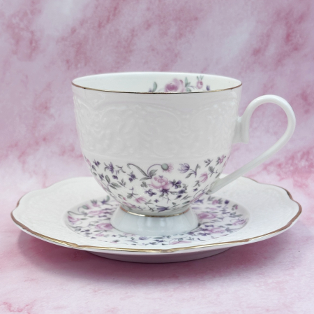 Set Portelan Vintage, 2 Cesti & Farfurioare cu flori roz, LEONIE, 220ml [3]