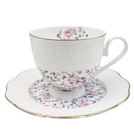 Set Portelan Vintage, 2 Cesti & Farfurioare cu flori roz, LEONIE, 220ml [4]