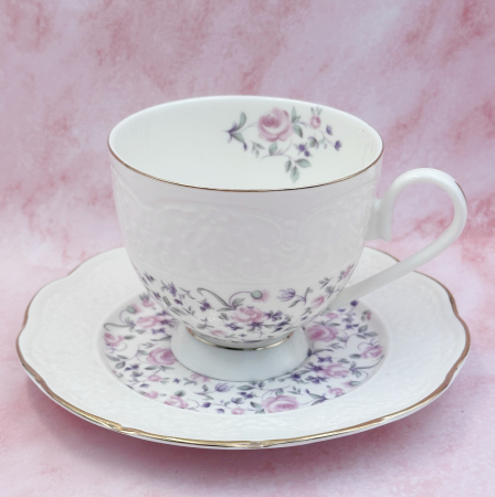 Set Portelan Vintage, 2 Cesti & Farfurioare cu flori roz, LEONIE, 220ml [5]