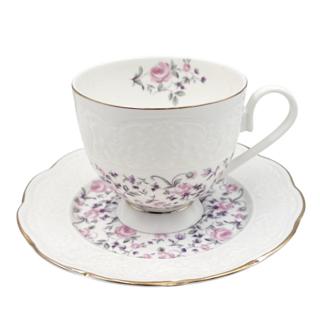 Set Portelan Vintage, 2 Cesti & Farfurioare cu flori roz, LEONIE, 220ml [2]