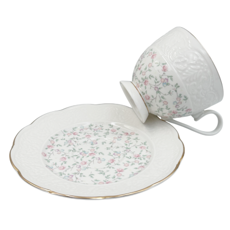 Set Portelan Vintage, 2 Cesti & Farfurioare cu flori roz, VERONIQUE, 220ml [4]