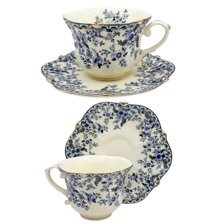 Cesti & Seturi de Cesti - Set Portelan Vintage cu flori delicate Albastre - pentru cafea sau ceai