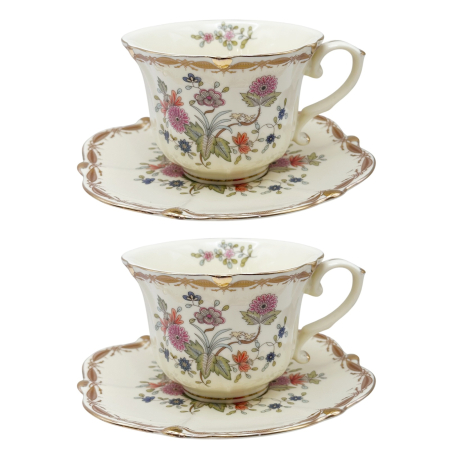 Cesti & Seturi de Cesti - Set Portelan Englezesc Vintage Crem flori portocalii - pentru cafea sau ceai