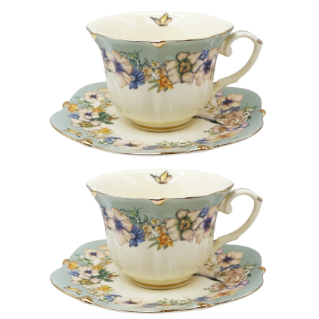 Cesti & Seturi de Cesti - Set Portelan Vintage cu flori delicate galbene - pentru cafea sau ceai
