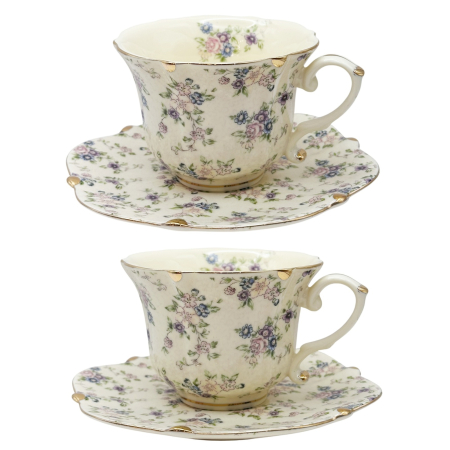Cesti & Seturi de Cesti - Set Portelan Vintage cu flori delicate roz si mov - pentru cafea sau ceai