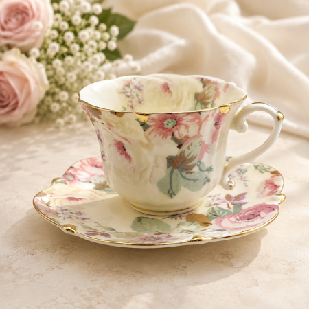 Set cafea Vintage - 2 Cesti si Farfurii cu flori roz delicate [4]