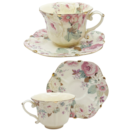 Cesti & Seturi de Cesti - Set cafea Vintage - 2 Cesti si Farfurii cu flori roz delicate