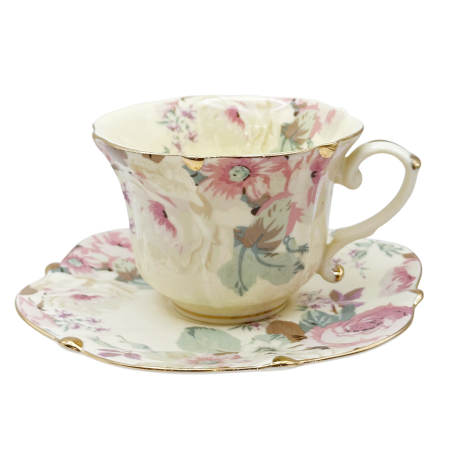 Set cafea Vintage - 2 Cesti si Farfurii cu flori roz delicate [1]