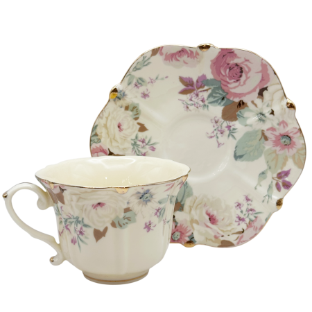 Set cafea Vintage - 2 Cesti si Farfurii cu flori roz delicate [3]