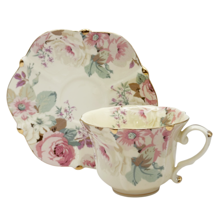 Set cafea Vintage - 2 Cesti si Farfurii cu flori roz delicate [2]