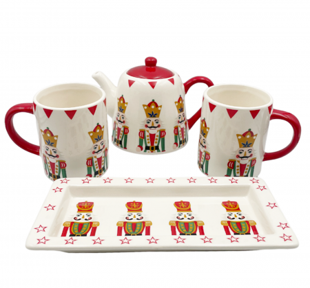 SERVIRE & DECORARE MASA CRACIUN - Set Ceainic, 2 Cani si Platou NUTCRACKER, Portelan