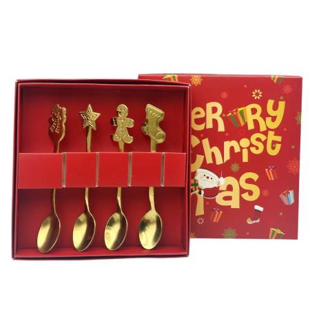SERVIRE & DECORARE MASA CRACIUN - Set Lingurițe Crăciun Auriu SEASON – 4 Piese, Modele Festive