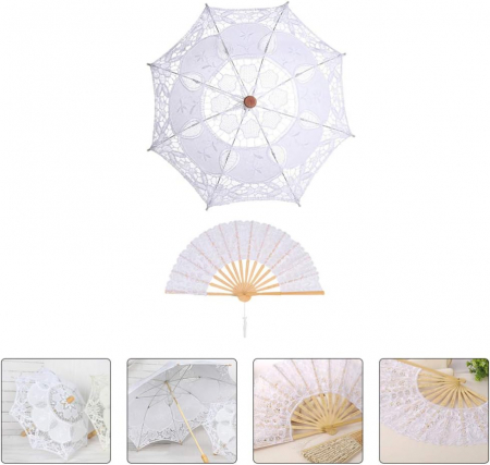 Set Umbrela & Evantai dantela PRINCESS, Alb, Vintage [4]