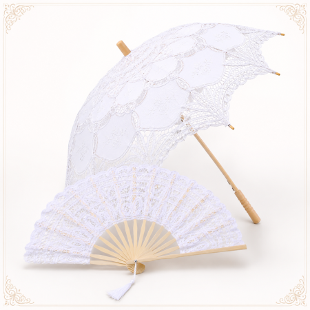 Evantaie & Umbrele De Soare - Set Umbrela si Evantai din Dantela Alba RETRO ROMANCE
