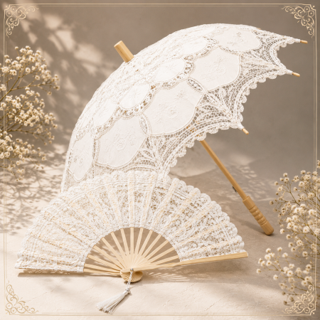 Evantaie & Umbrele De Soare - Set Umbrela si Evantai din Dantela Crem RETRO ROMANCE
