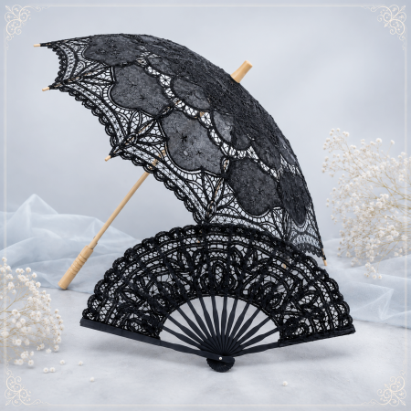 DE VARA - Set Umbrela si Evantai din Dantela Negru RETRO ROMANCE