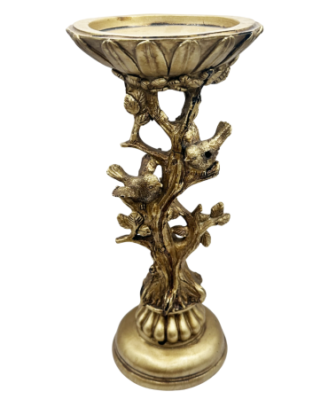 DECORATIUNI - Sfeșnic Decorativ ANTIQUE – Auriu, cu Model Arbore și Păsări, 26 cm