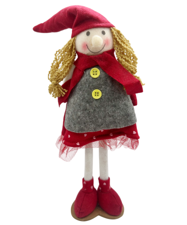 FIGURINE & PLUSURI - Figurină fetiță de Crăciun cu rochie gri și căciuliță roșie