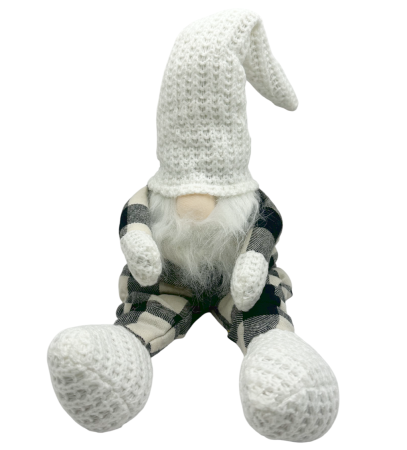 FIGURINE & PLUSURI - Spiriduș decorativ alb-negru cu caciula tricotată